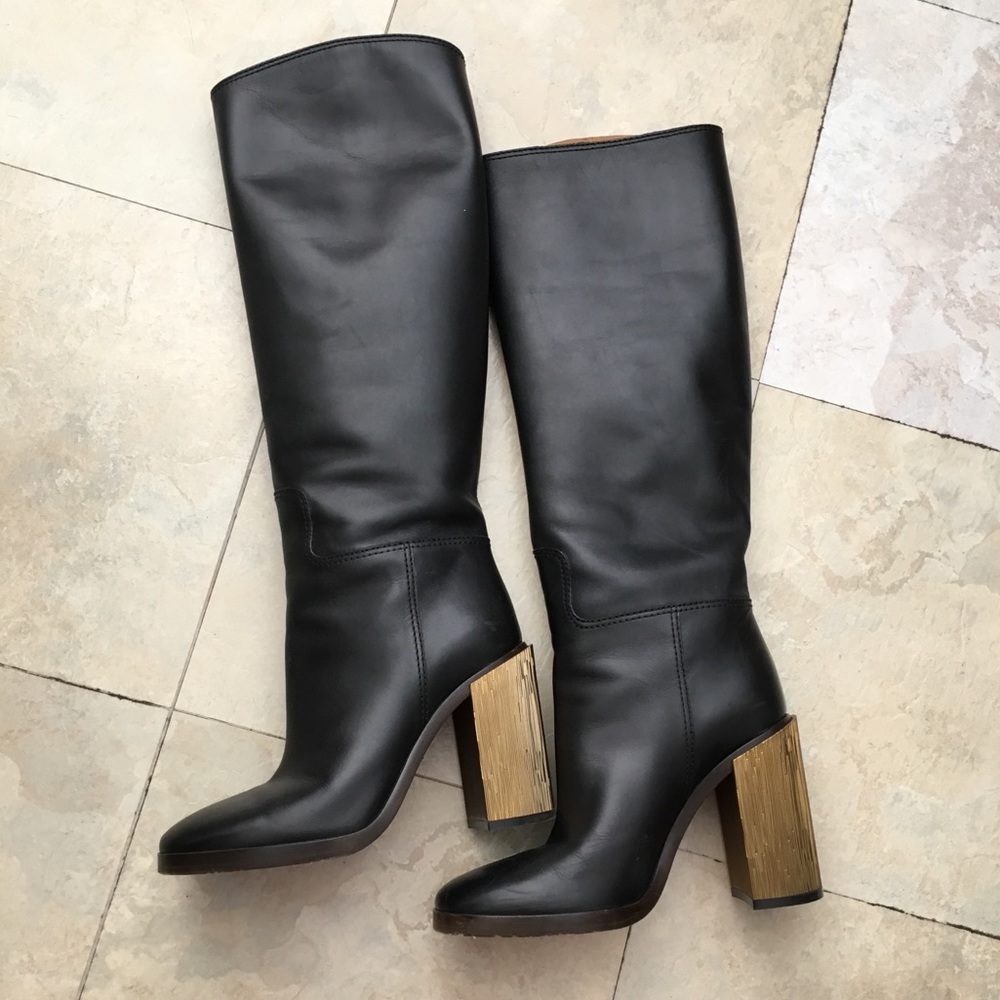 Gucci boots metallic gold block heel black leather sexy boot